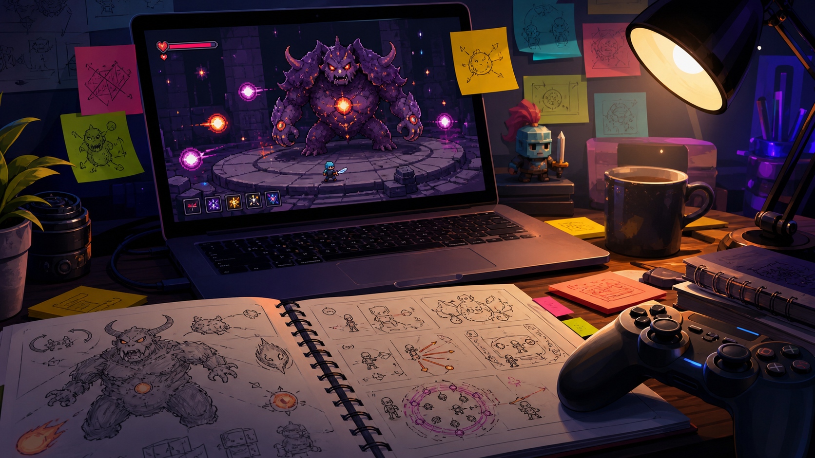 A laptop showing a tiny 2D boss arena prototype surrounded by attack-pattern sketches and controller notes.