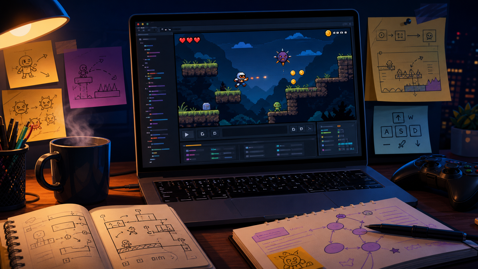 A laptop showing a tiny 2D platformer prototype surrounded by prompt notes, control sketches, and game loop diagrams.